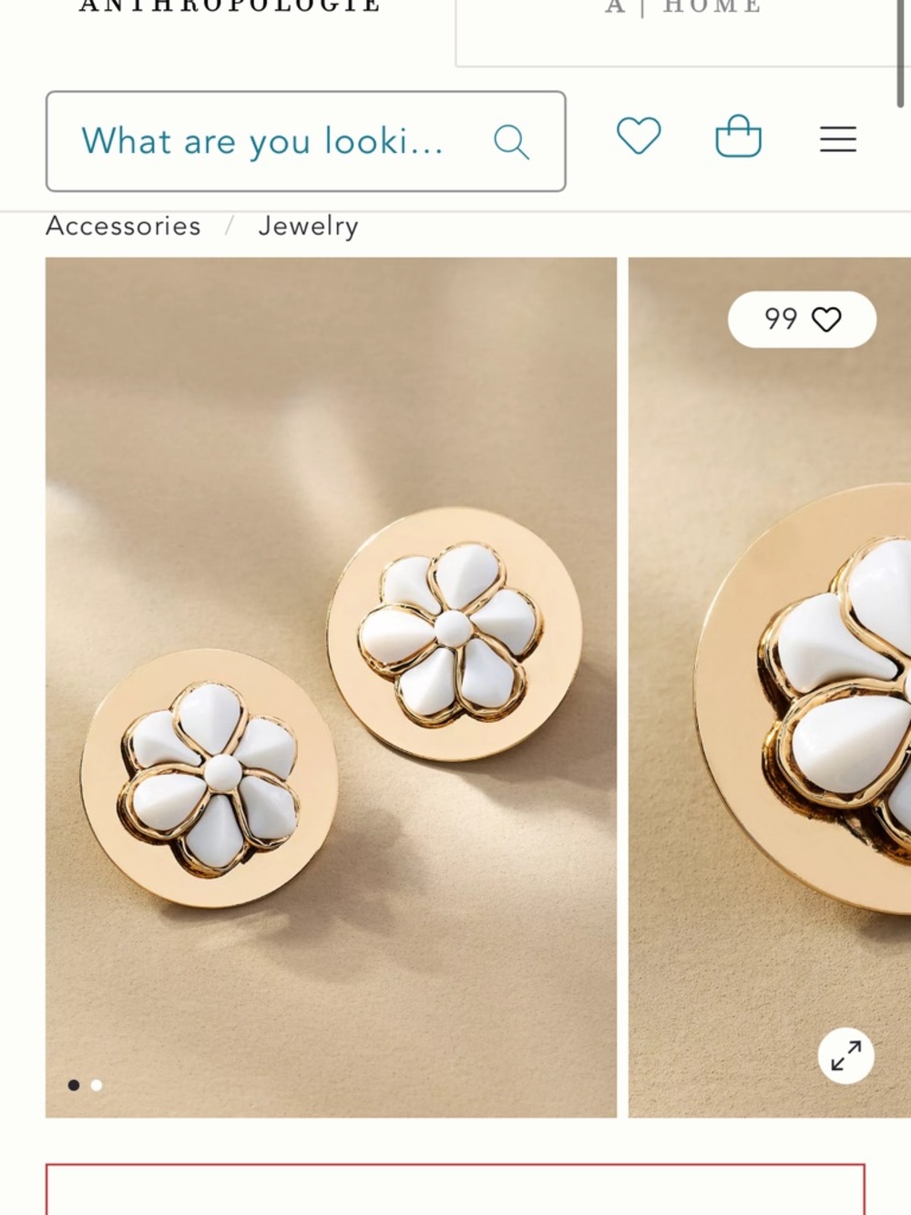 Anthropologie Gold and White Floral Button Earrings